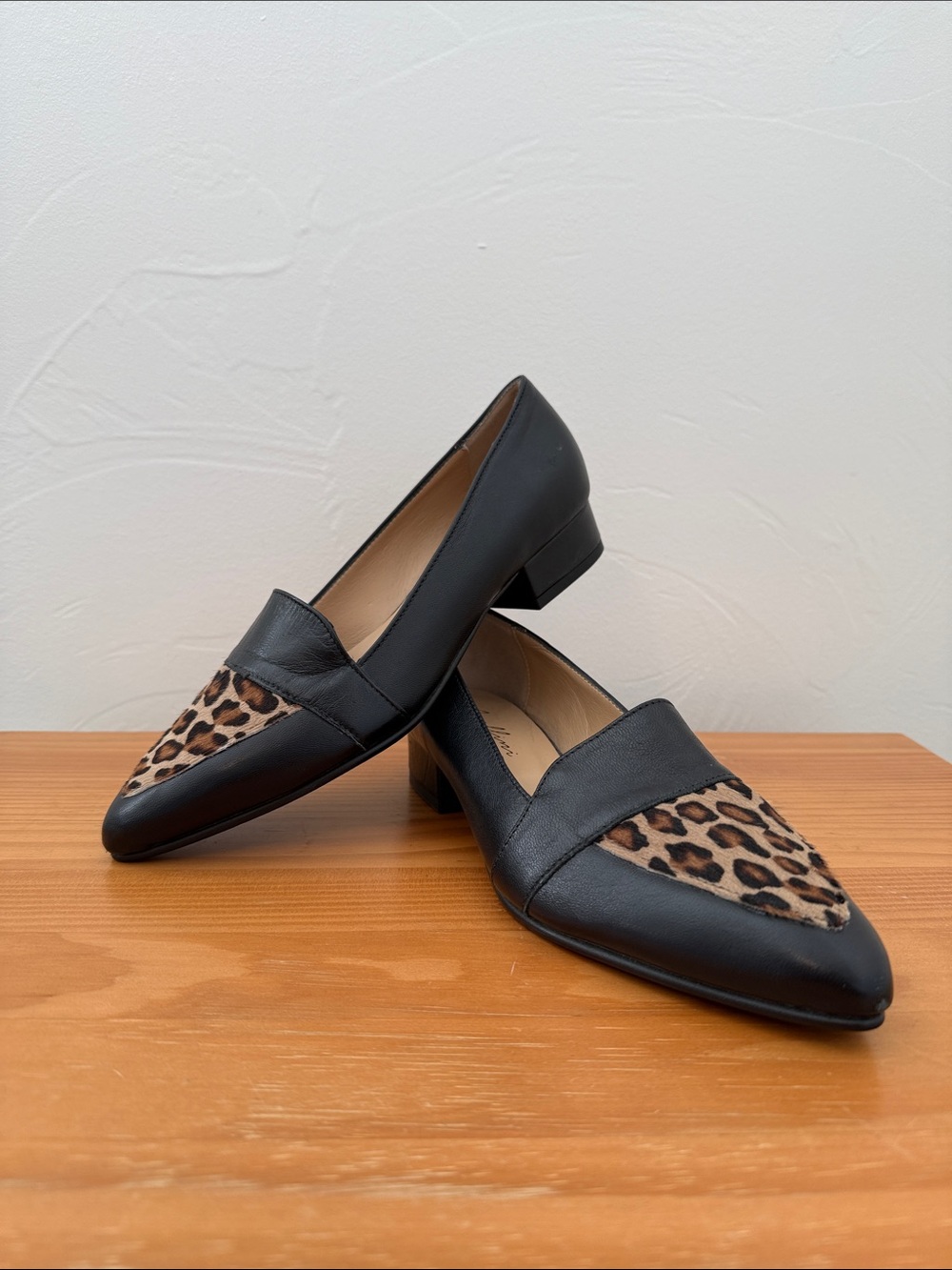 Women’s Avellini Black Leather Loafers Block Heel Pointed Toe 37